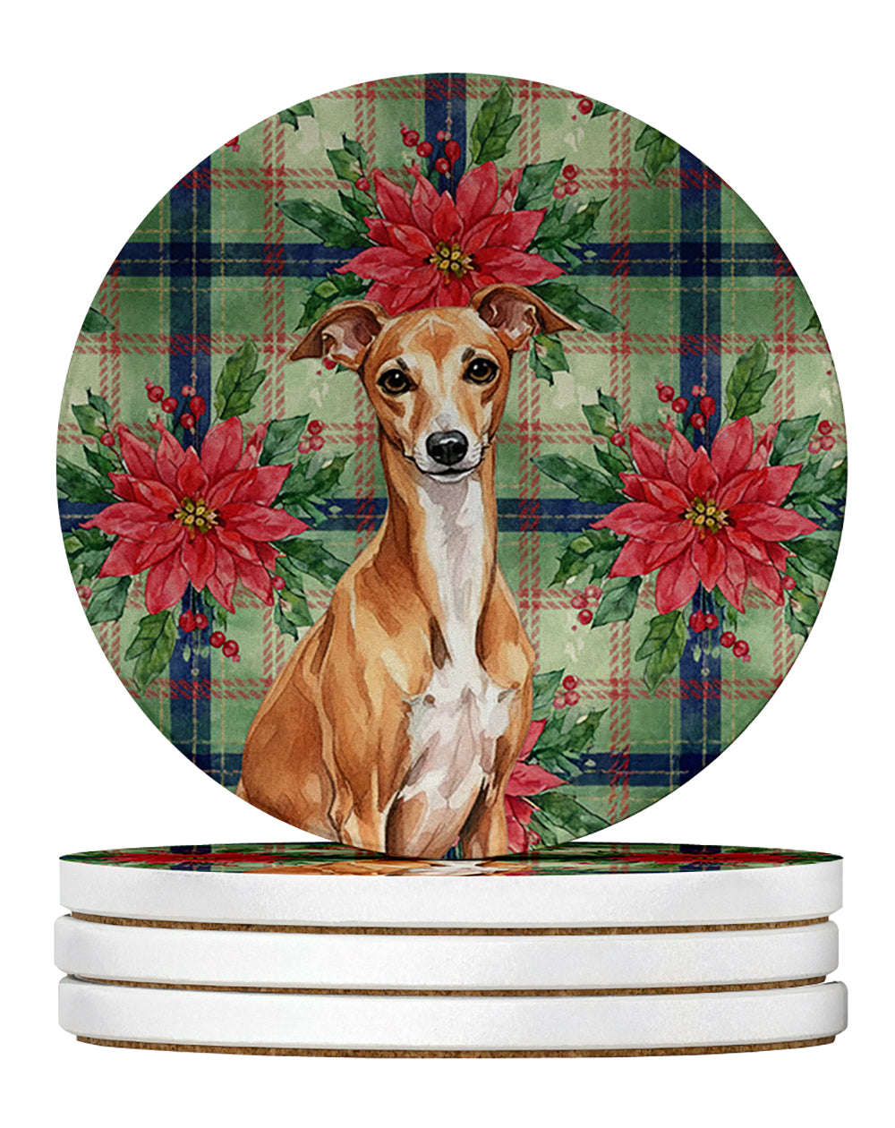 Red Italian Greyhound Christmas PoinsettIas Large Sandstone Coasters Pack of 4 Absorbent Round Coasters Decor Gifts for Men or Women, 4 in, Multicolor
