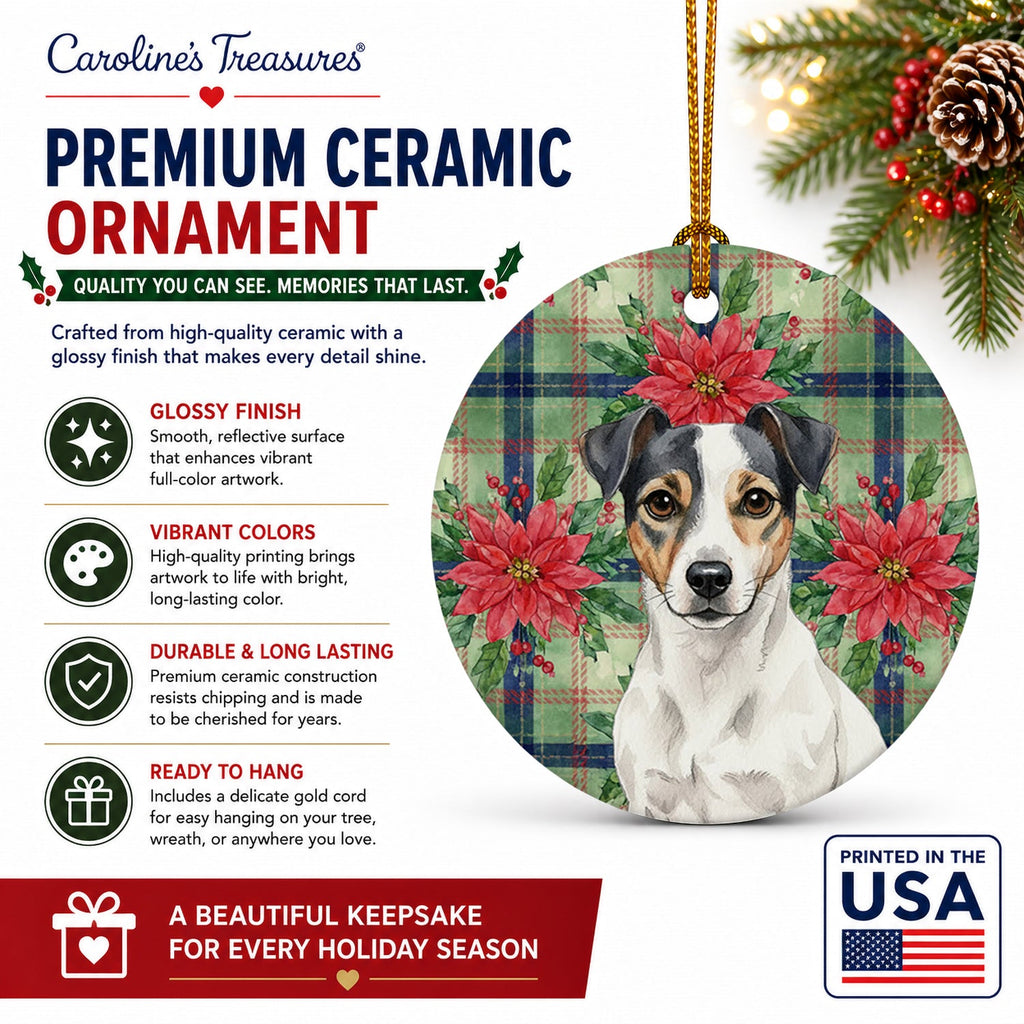 White and Black Jack Russell Terrier Christmas PoinsettIas Ceramic Ornament Christmas Tree Hanging Decorations for Home Christmas Holiday, Party, Gift, 3 in, Multicolor