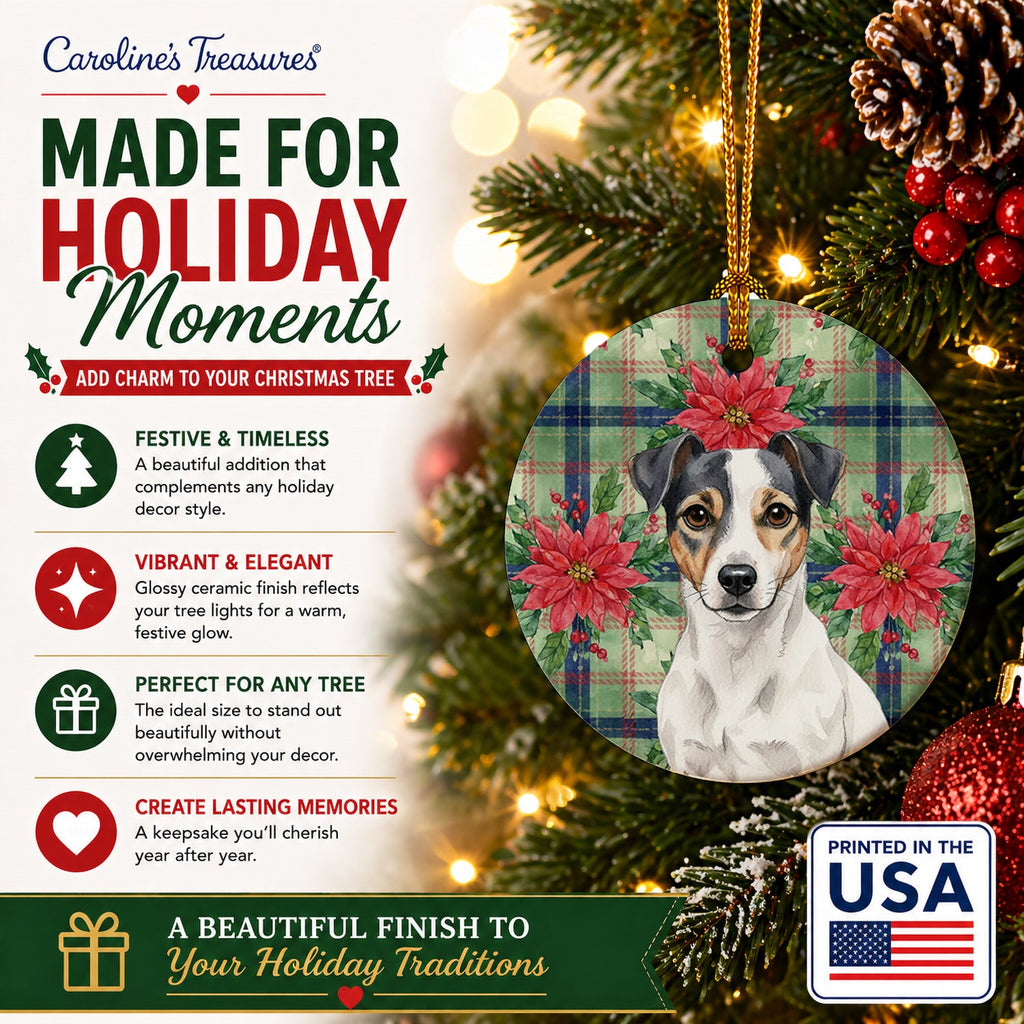 White and Black Jack Russell Terrier Christmas PoinsettIas Ceramic Ornament Christmas Tree Hanging Decorations for Home Christmas Holiday, Party, Gift, 3 in, Multicolor