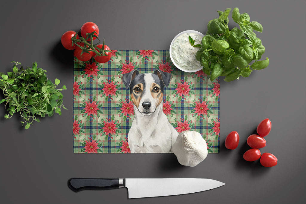 White and Black Jack Russell Terrier Christmas PoinsettIas Cutting Board Tempered Glass Kitchen Cutting Surface, Heat Resistant Chopping, Non-Slip Feet, Food Prep & Serving
