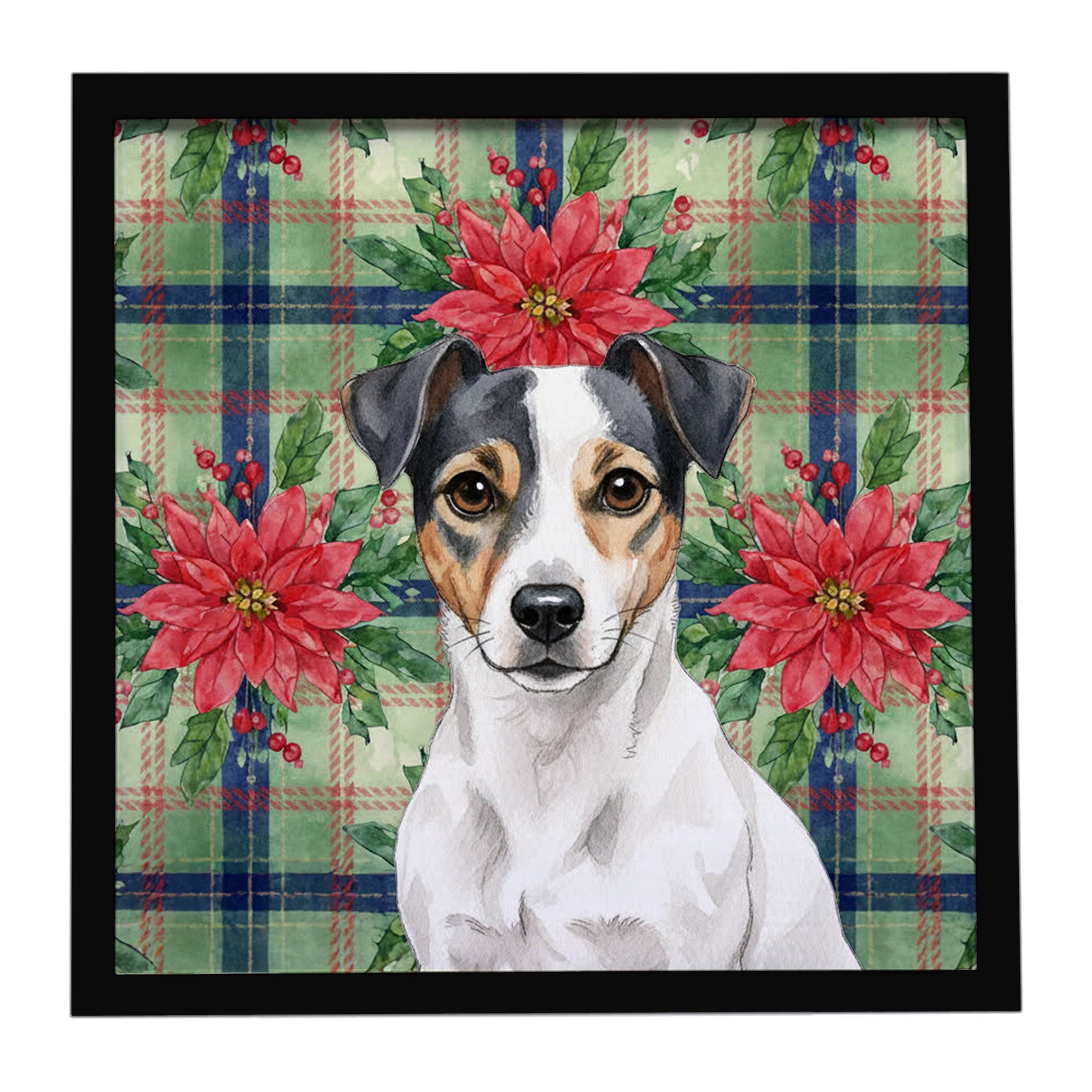 White and Black Jack Russell Terrier Christmas PoinsettIas Framed Metal Print Bathroom, Kitchen, Office, Home Decor Wall Art Ready to Hang, Square, 8X8