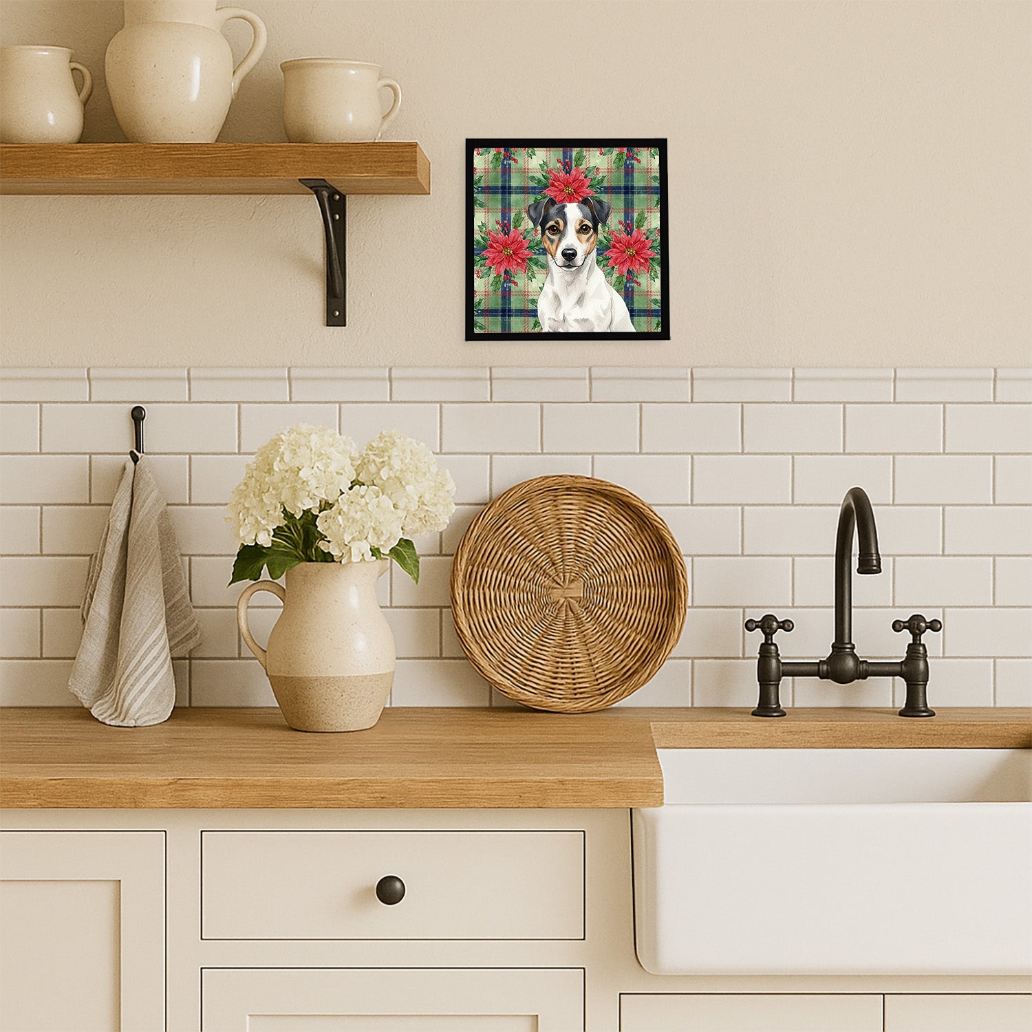 White and Black Jack Russell Terrier Christmas PoinsettIas Framed Metal Print Bathroom, Kitchen, Office, Home Decor Wall Art Ready to Hang, Square, 8X8