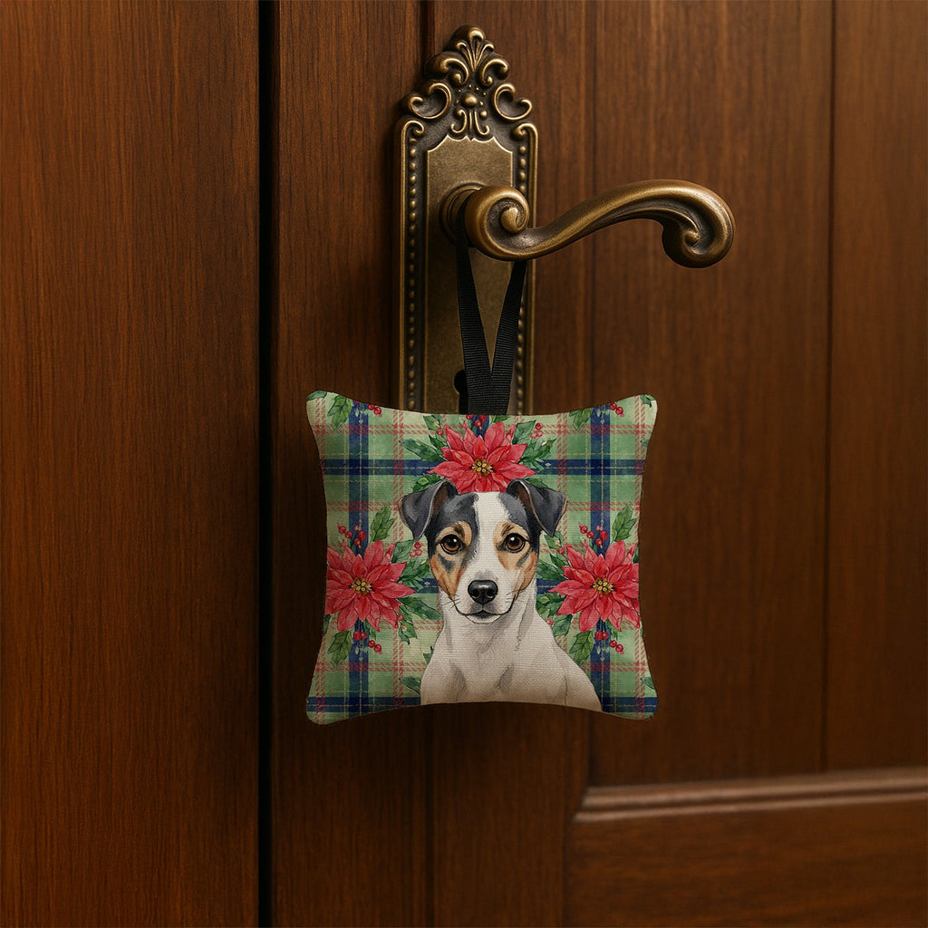 White and Black Jack Russell Terrier Christmas PoinsettIas Hanging Square Fabric Ornament 3.5 � 3.5 Decorative Door-Knob & Tree Hanger, Soft Fabric