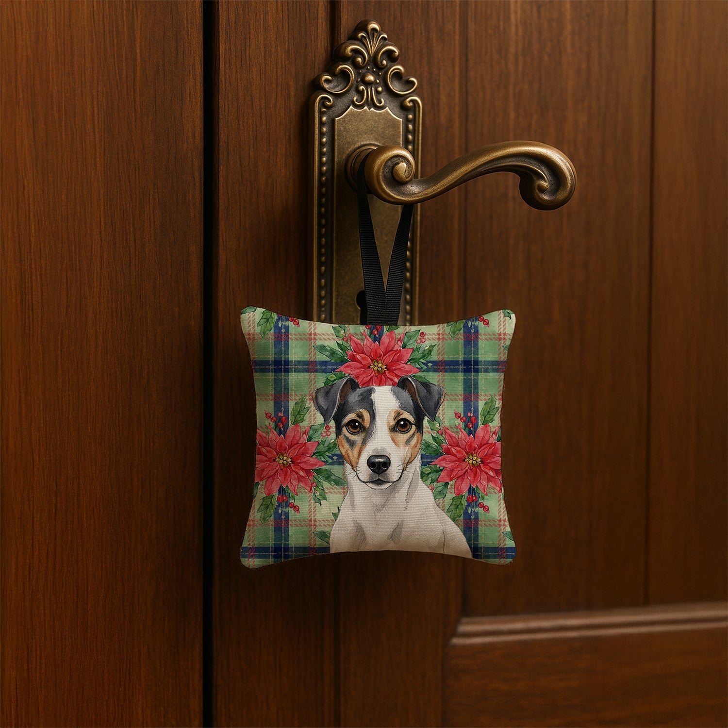White and Black Jack Russell Terrier Christmas PoinsettIas Hanging Square Fabric Ornament 3.5 � 3.5 Decorative Door-Knob & Tree Hanger, Soft Fabric