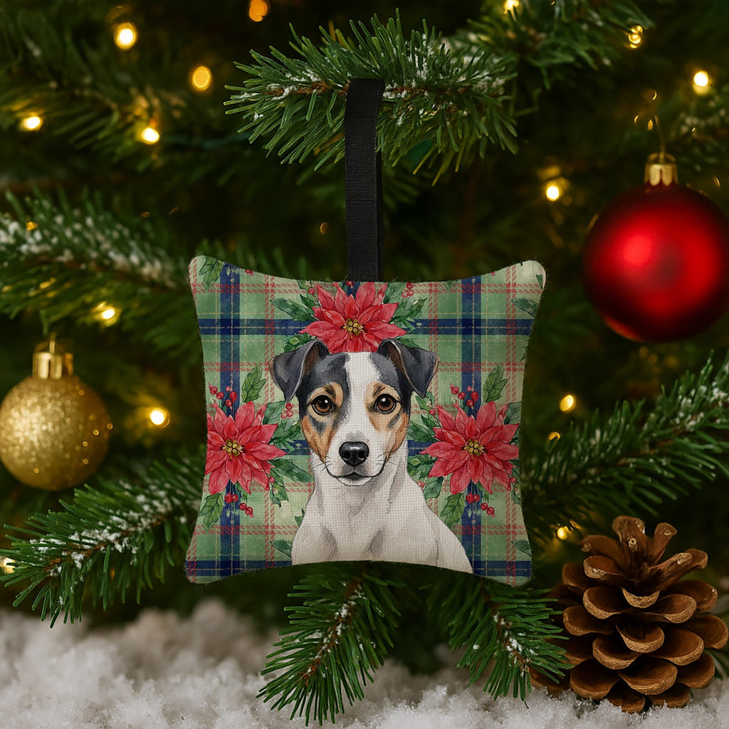 White and Black Jack Russell Terrier Christmas PoinsettIas Hanging Square Fabric Ornament 3.5 � 3.5 Decorative Door-Knob & Tree Hanger, Soft Fabric