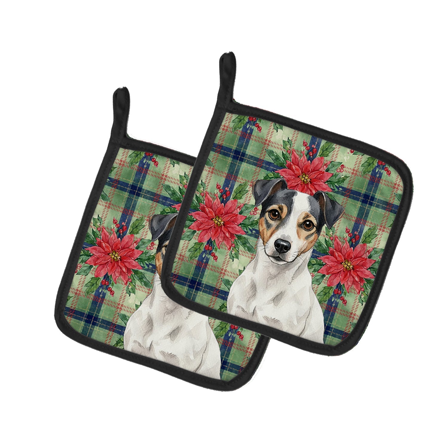 White and Black Jack Russell Terrier Christmas PoinsettIas Pot Holder Set of 2 Heat Resistant Quilted Hot Pads 7.5 x 7.5 Inch, Insulated Kitchen Trivets for Cooking & Baking