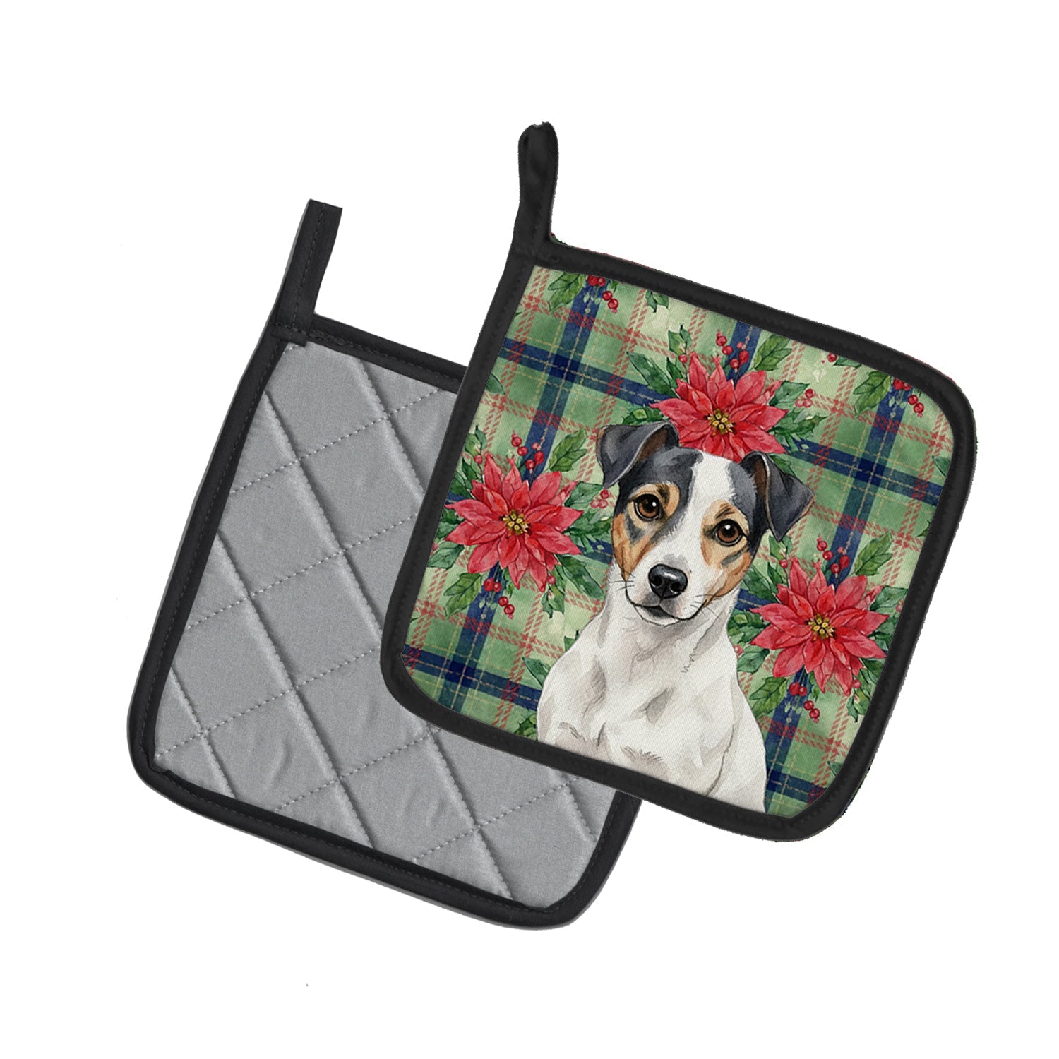 White and Black Jack Russell Terrier Christmas PoinsettIas Pot Holder Set of 2 Heat Resistant Quilted Hot Pads 7.5 x 7.5 Inch, Insulated Kitchen Trivets for Cooking & Baking