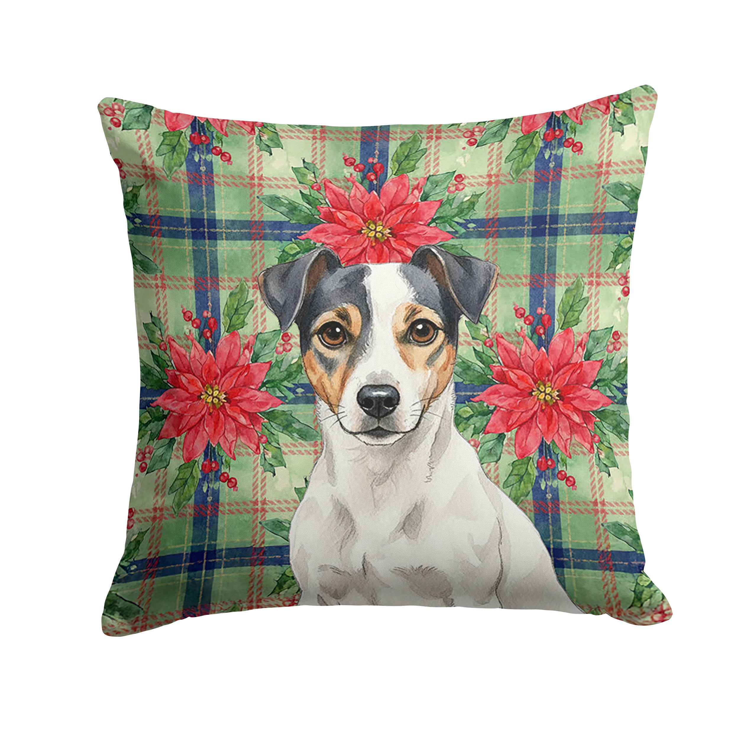 White and Black Jack Russell Terrier Christmas PoinsettIas Decorative Throw Pillow 18x18 Indoor Outdoor Accent Cushion, Fabric Cover with Insert for Sofa, Bed, Porch & Living Room