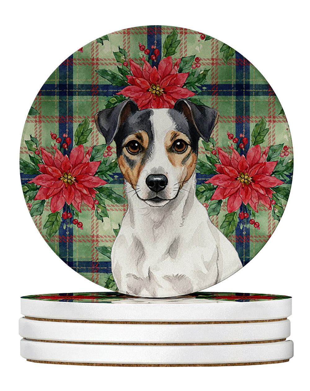 White and Black Jack Russell Terrier Christmas PoinsettIas Large Sandstone Coasters Pack of 4 Absorbent Round Coasters Decor Gifts for Men or Women, 4 in, Multicolor