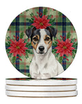 White and Black Jack Russell Terrier Christmas PoinsettIas Large Sandstone Coasters Pack of 4 Absorbent Round Coasters Decor Gifts for Men or Women, 4 in, Multicolor
