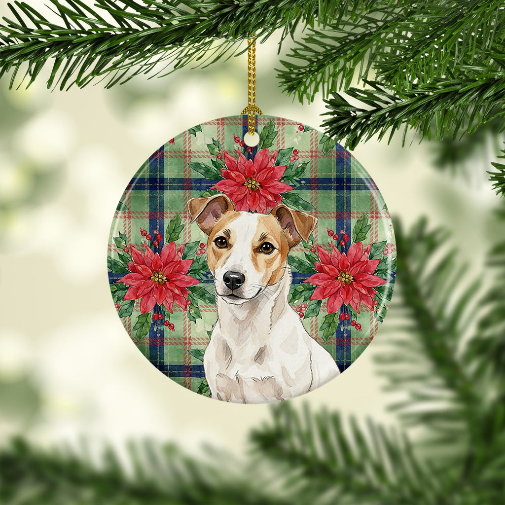 White and Tan Jack Russell Terrier Christmas PoinsettIas Ceramic Ornament Christmas Tree Hanging Decorations for Home Christmas Holiday, Party, Gift, 3 in, Multicolor