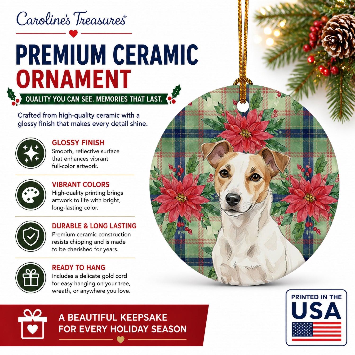 White and Tan Jack Russell Terrier Christmas PoinsettIas Ceramic Ornament Christmas Tree Hanging Decorations for Home Christmas Holiday, Party, Gift, 3 in, Multicolor