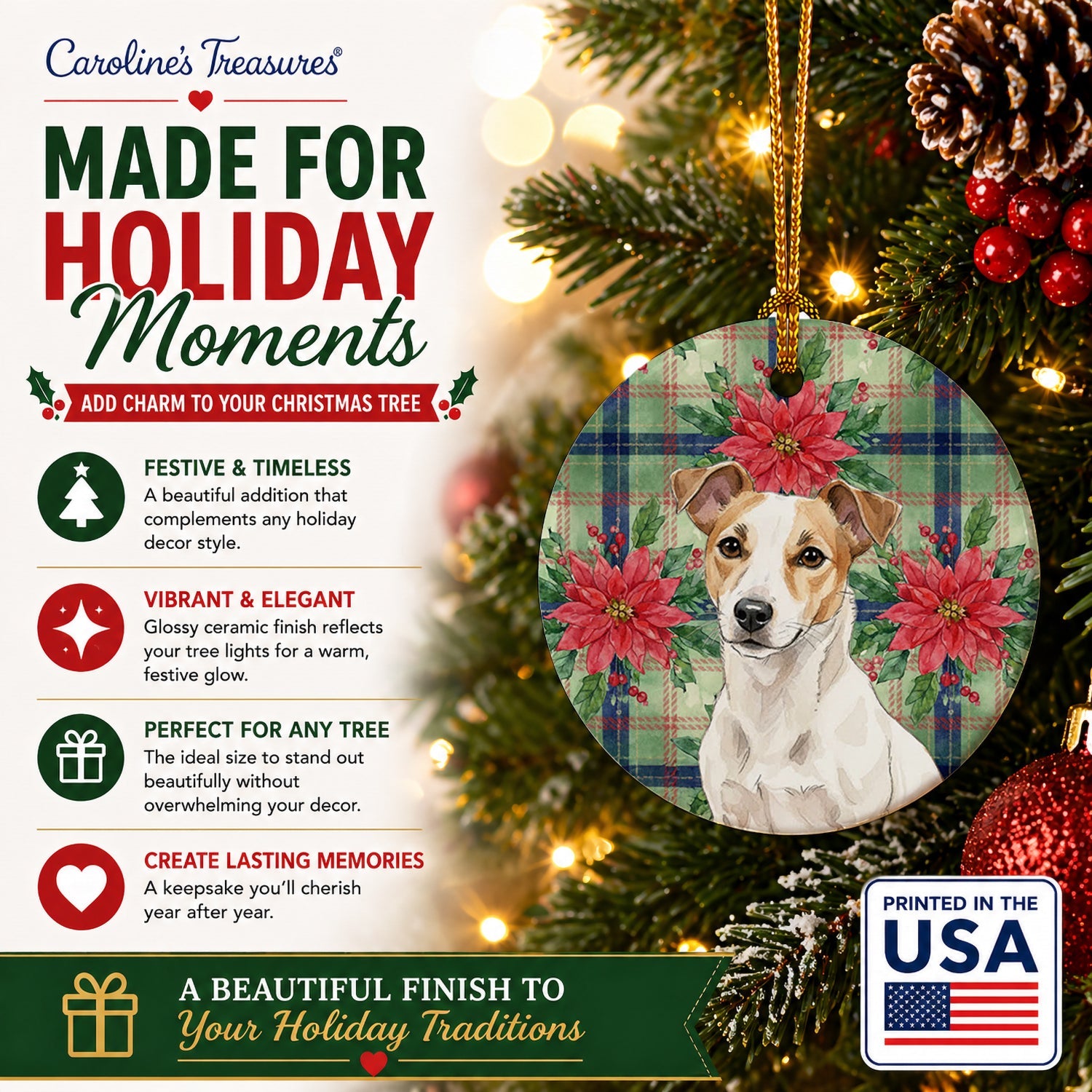 White and Tan Jack Russell Terrier Christmas PoinsettIas Ceramic Ornament Christmas Tree Hanging Decorations for Home Christmas Holiday, Party, Gift, 3 in, Multicolor