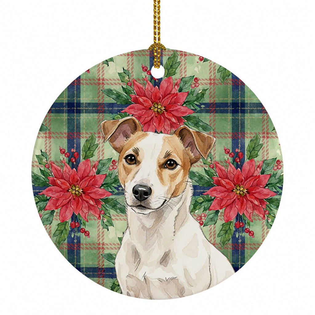 White and Tan Jack Russell Terrier Christmas PoinsettIas Ceramic Ornament Christmas Tree Hanging Decorations for Home Christmas Holiday, Party, Gift, 3 in, Multicolor
