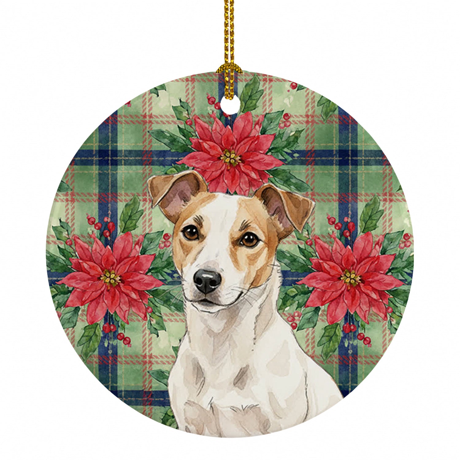 White and Tan Jack Russell Terrier Christmas PoinsettIas Ceramic Ornament Christmas Tree Hanging Decorations for Home Christmas Holiday, Party, Gift, 3 in, Multicolor