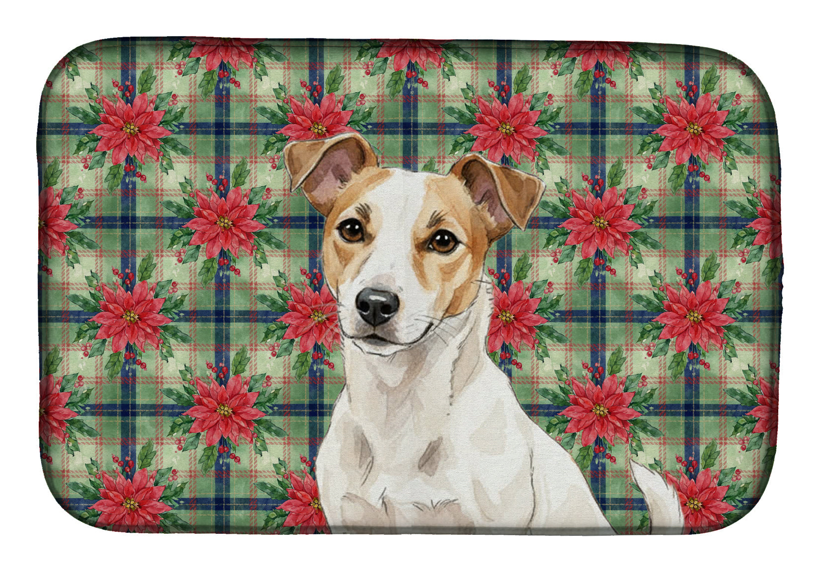 White and Tan Jack Russell Terrier Christmas PoinsettIas Dish Drying Mat Absorbent Dish Drying Mat Pad for Kitchen Counter Dish Drainer Mat for Countertop, 14 x 21", Multicolor