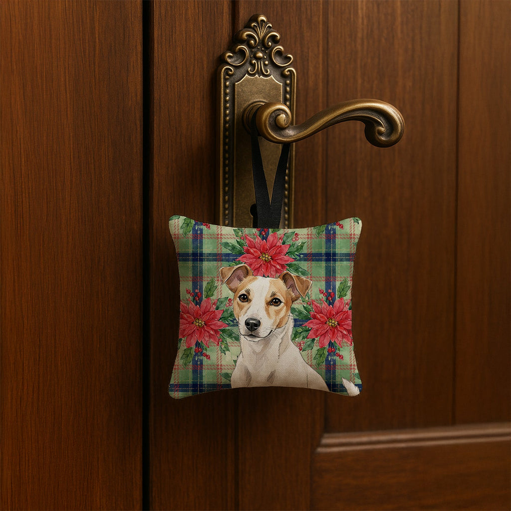 White and Tan Jack Russell Terrier Christmas PoinsettIas Hanging Square Fabric Ornament 3.5 � 3.5 Decorative Door-Knob & Tree Hanger, Soft Fabric