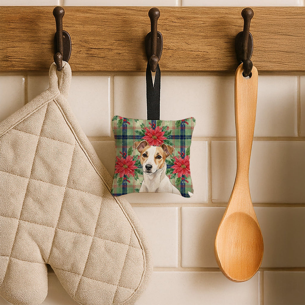 White and Tan Jack Russell Terrier Christmas PoinsettIas Hanging Square Fabric Ornament 3.5 � 3.5 Decorative Door-Knob & Tree Hanger, Soft Fabric