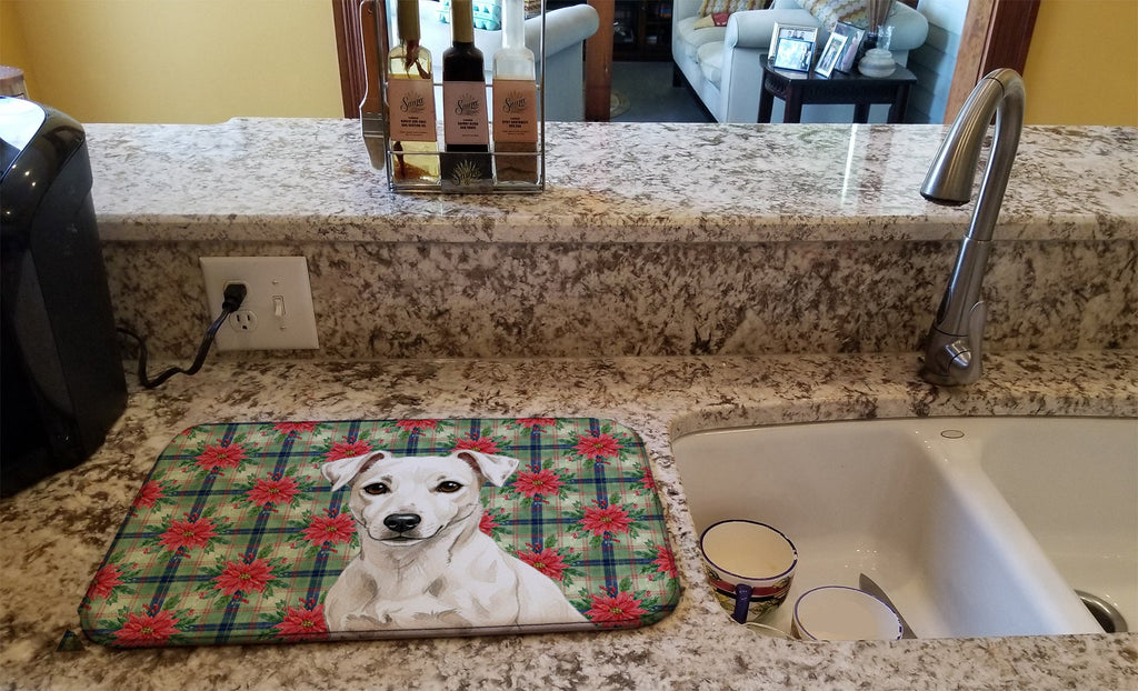 White Jack Russell Terrier Christmas PoinsettIas Dish Drying Mat Absorbent Dish Drying Mat Pad for Kitchen Counter Dish Drainer Mat for Countertop, 14 x 21", Multicolor
