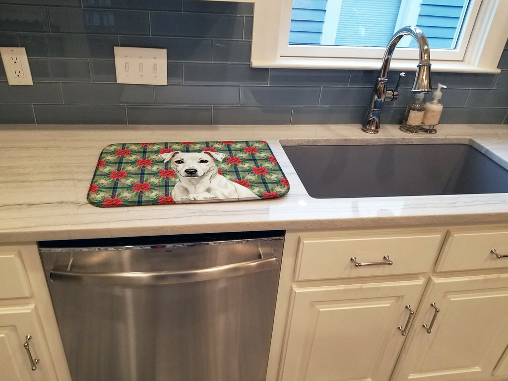 White Jack Russell Terrier Christmas PoinsettIas Dish Drying Mat Absorbent Dish Drying Mat Pad for Kitchen Counter Dish Drainer Mat for Countertop, 14 x 21", Multicolor