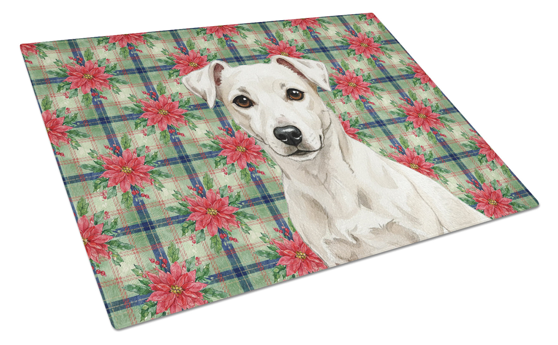 White Jack Russell Terrier Christmas PoinsettIas Cutting Board Tempered Glass Kitchen Cutting Surface, Heat Resistant Chopping, Non-Slip Feet, Food Prep & Serving