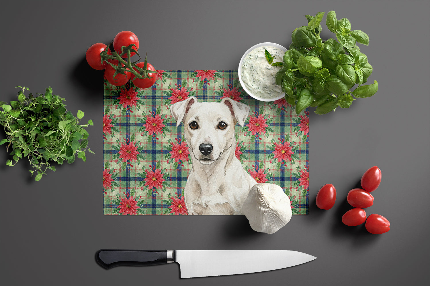 White Jack Russell Terrier Christmas PoinsettIas Cutting Board Tempered Glass Kitchen Cutting Surface, Heat Resistant Chopping, Non-Slip Feet, Food Prep & Serving