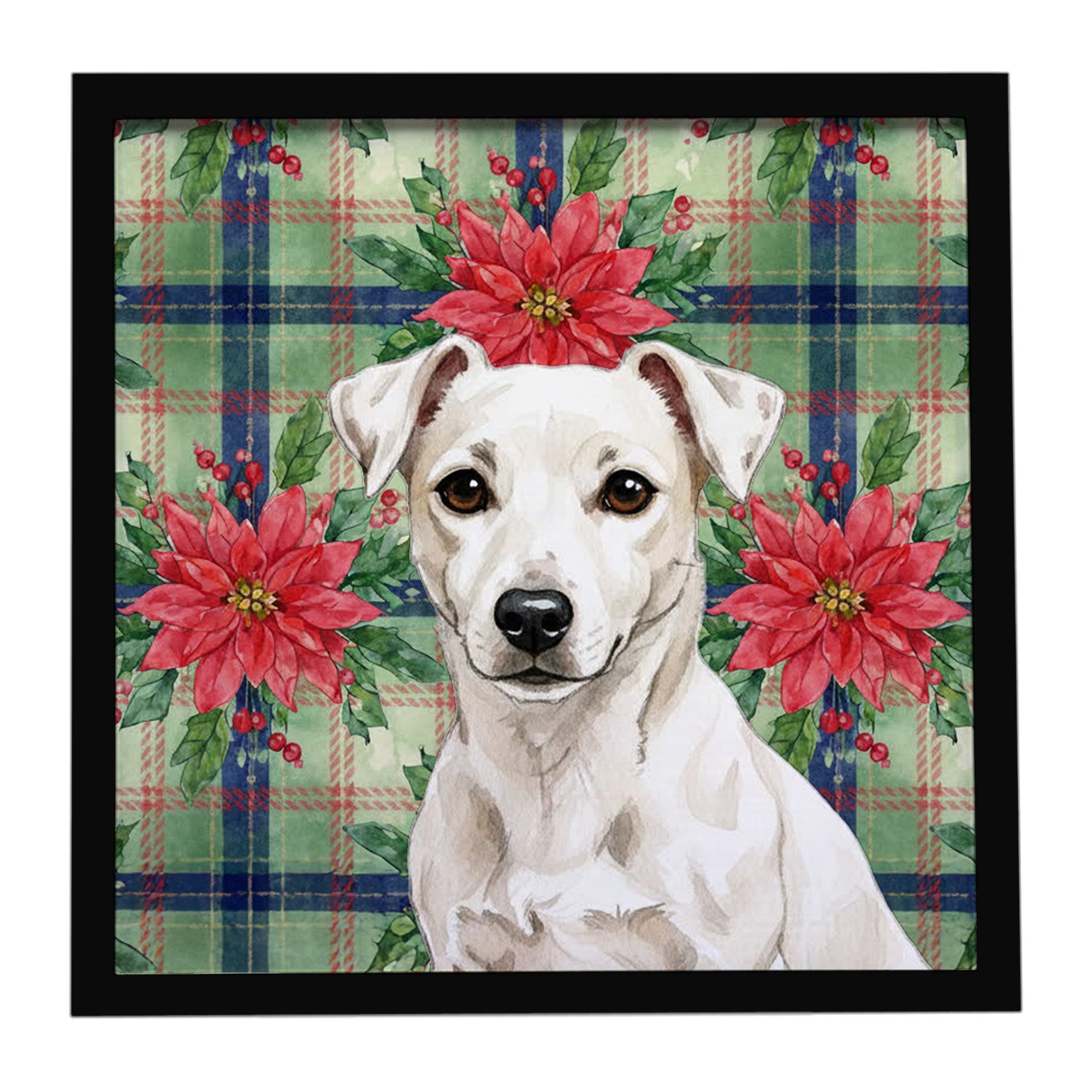 White Jack Russell Terrier Christmas PoinsettIas Framed Metal Print Bathroom, Kitchen, Office, Home Decor Wall Art Ready to Hang, Square, 8X8