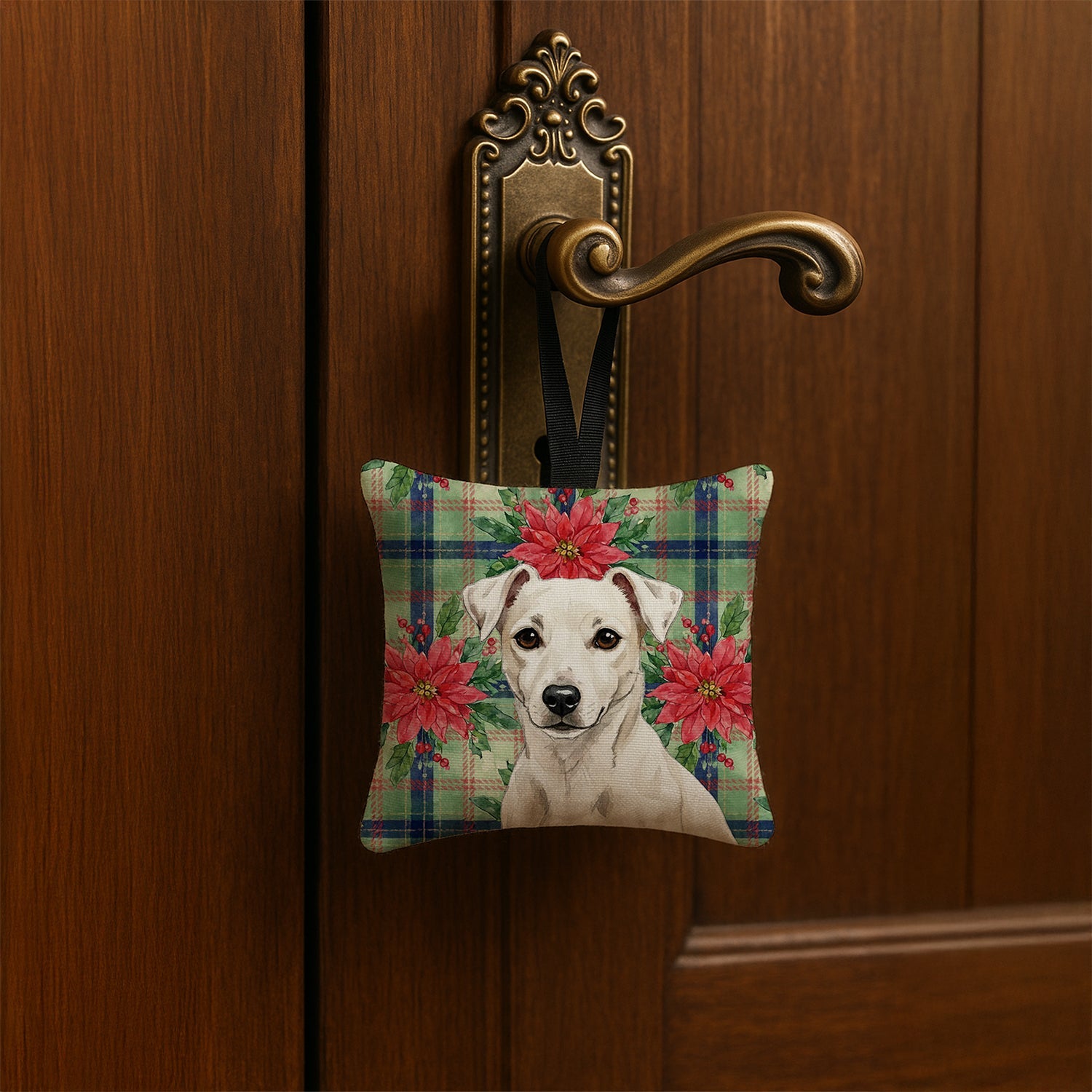 White Jack Russell Terrier Christmas PoinsettIas Hanging Square Fabric Ornament 3.5 � 3.5 Decorative Door-Knob & Tree Hanger, Soft Fabric