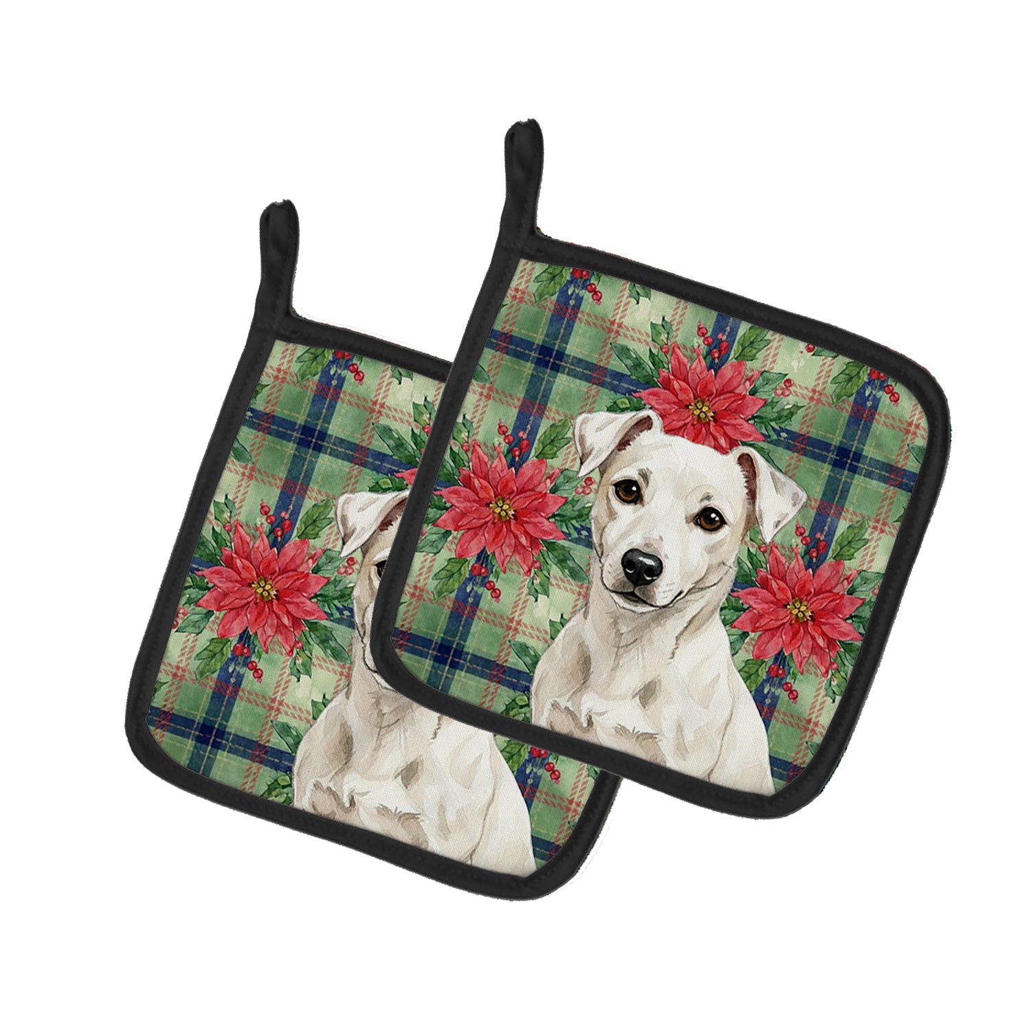 White Jack Russell Terrier Christmas PoinsettIas Pot Holder Set of 2 Heat Resistant Quilted Hot Pads 7.5 x 7.5 Inch, Insulated Kitchen Trivets for Cooking & Baking