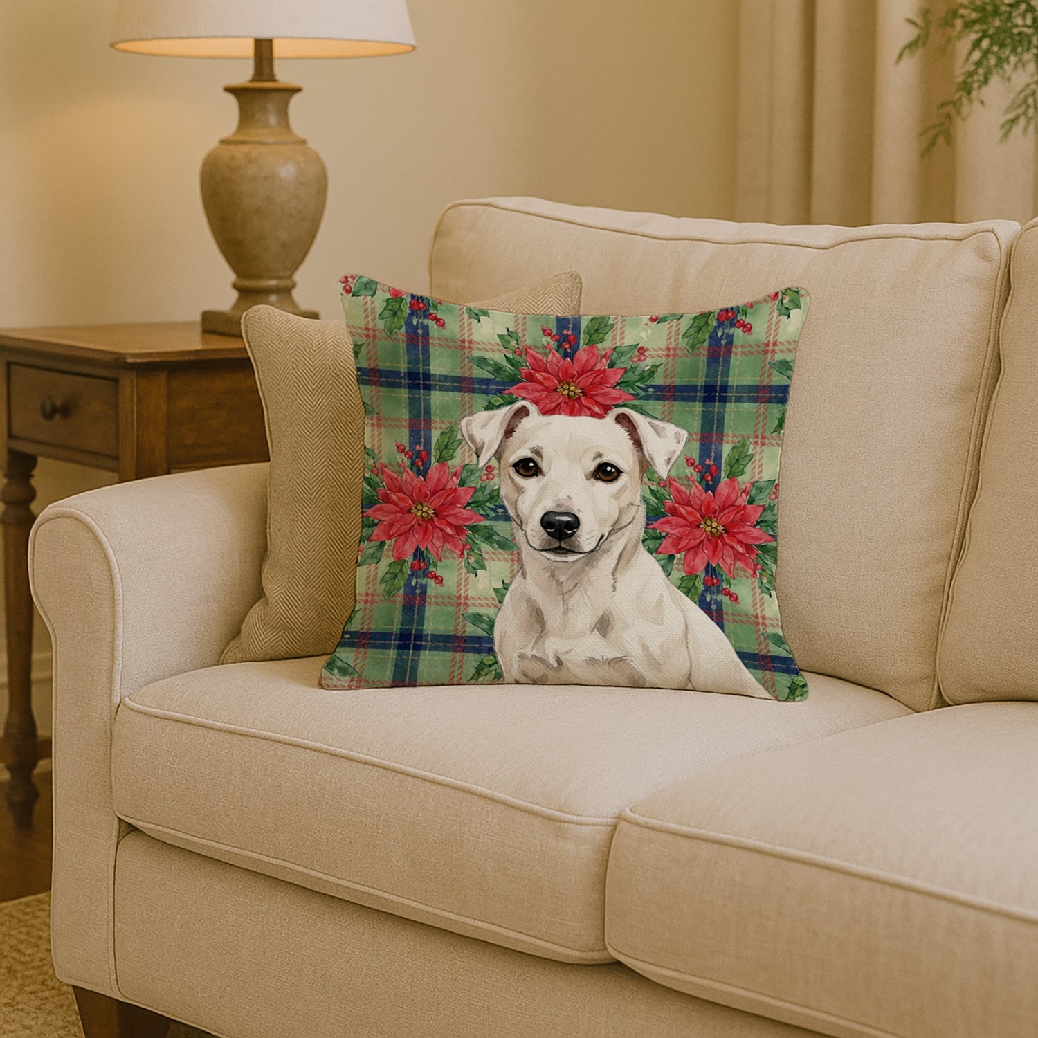 White Jack Russell Terrier Christmas PoinsettIas Decorative Throw Pillow 14x14 Indoor Outdoor Accent Cushion, Fabric Cover with Insert for Sofa, Bed, Porch & Living Room