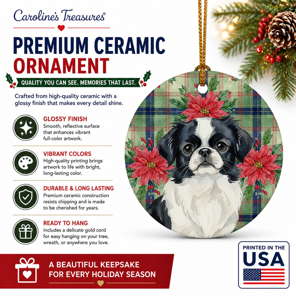 Black and White Japanese Chin Christmas PoinsettIas Ceramic Ornament Christmas Tree Hanging Decorations for Home Christmas Holiday, Party, Gift, 3 in, Multicolor