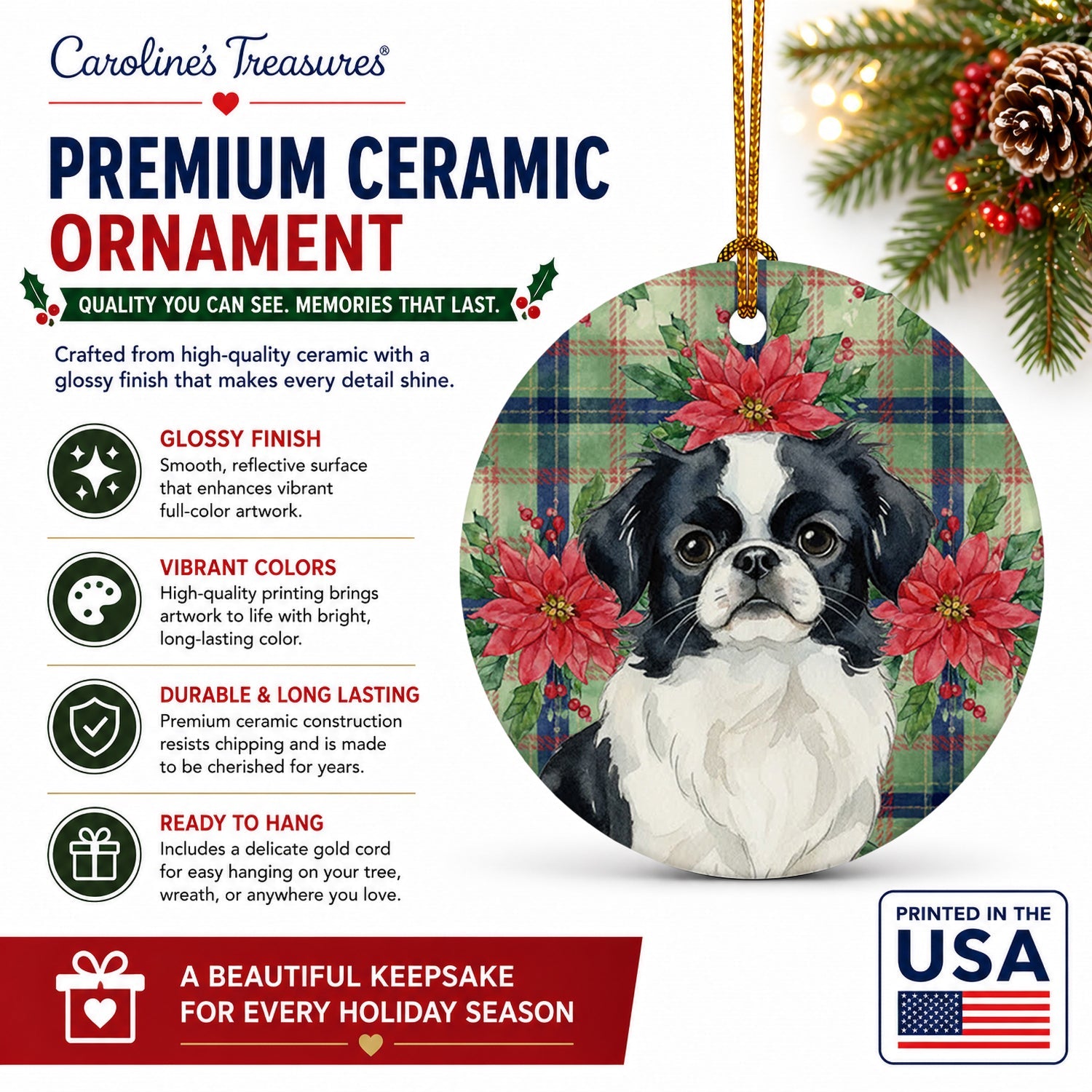 Black and White Japanese Chin Christmas PoinsettIas Ceramic Ornament Christmas Tree Hanging Decorations for Home Christmas Holiday, Party, Gift, 3 in, Multicolor
