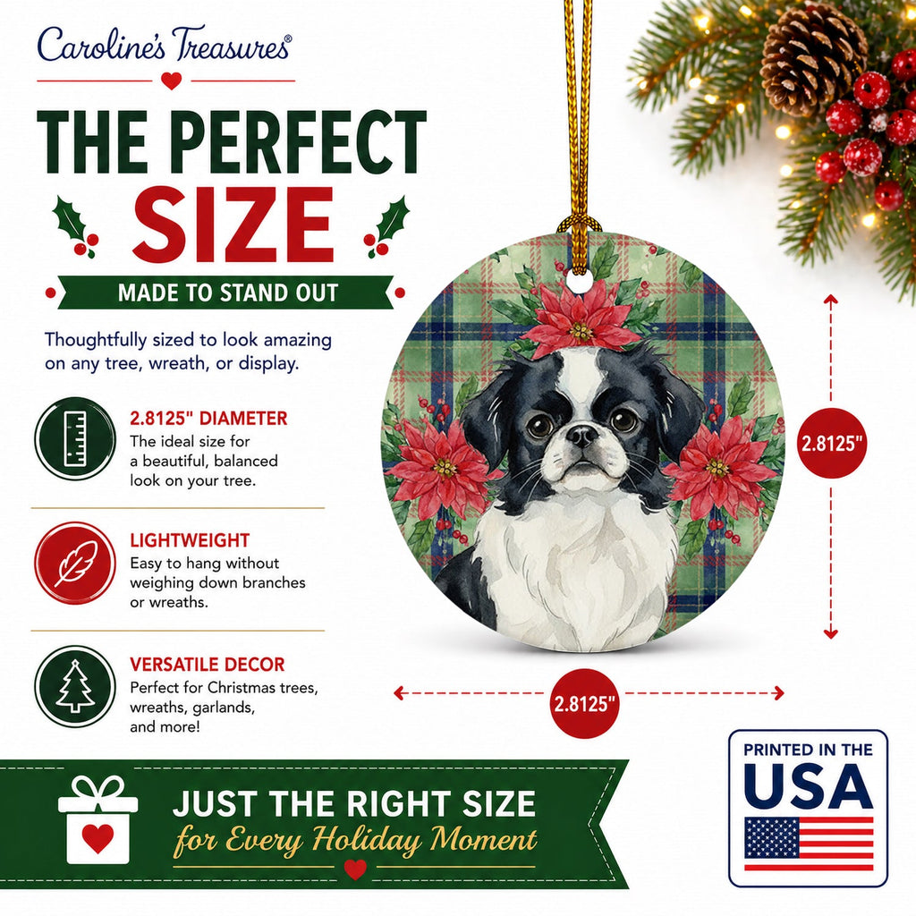 Black and White Japanese Chin Christmas PoinsettIas Ceramic Ornament Christmas Tree Hanging Decorations for Home Christmas Holiday, Party, Gift, 3 in, Multicolor
