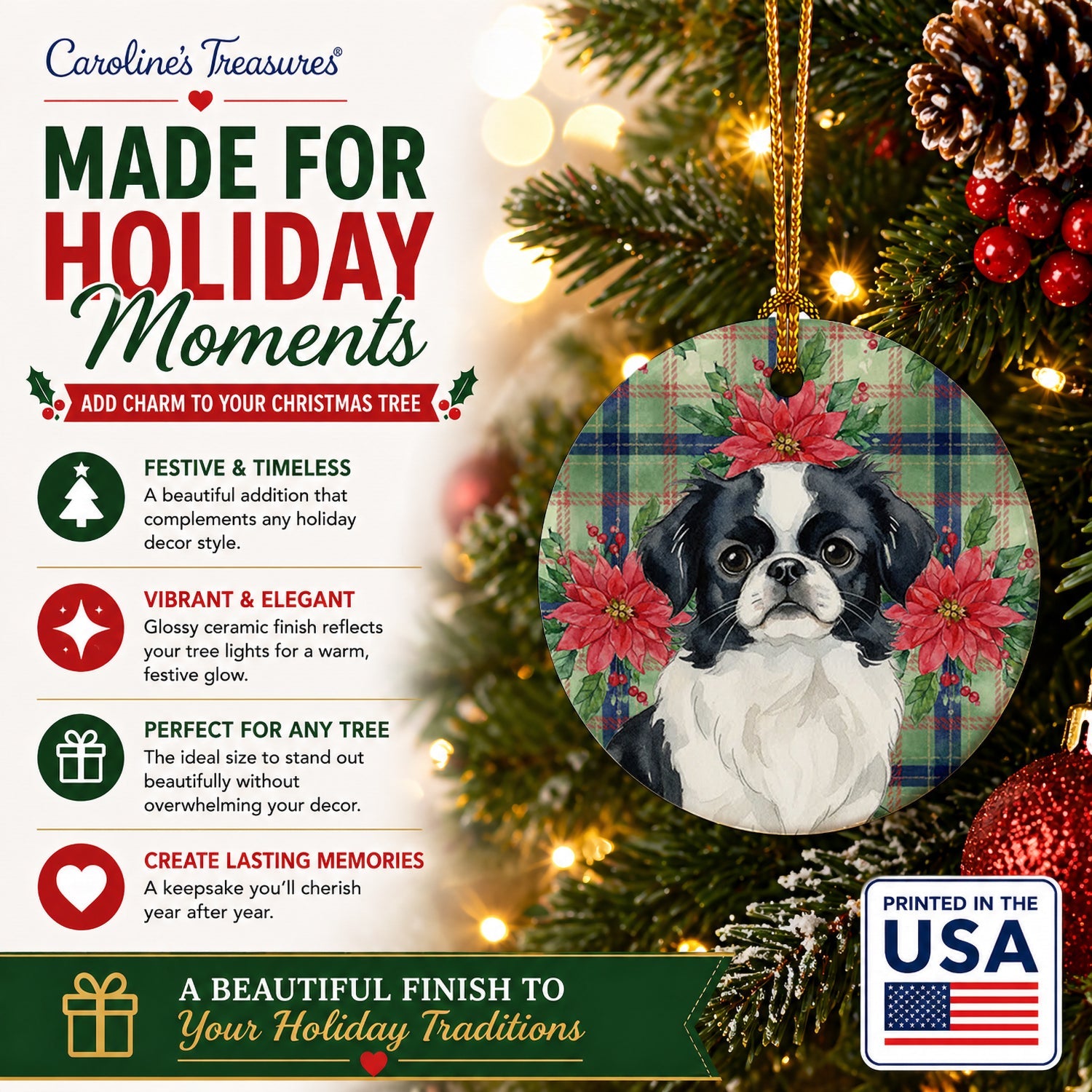Black and White Japanese Chin Christmas PoinsettIas Ceramic Ornament Christmas Tree Hanging Decorations for Home Christmas Holiday, Party, Gift, 3 in, Multicolor