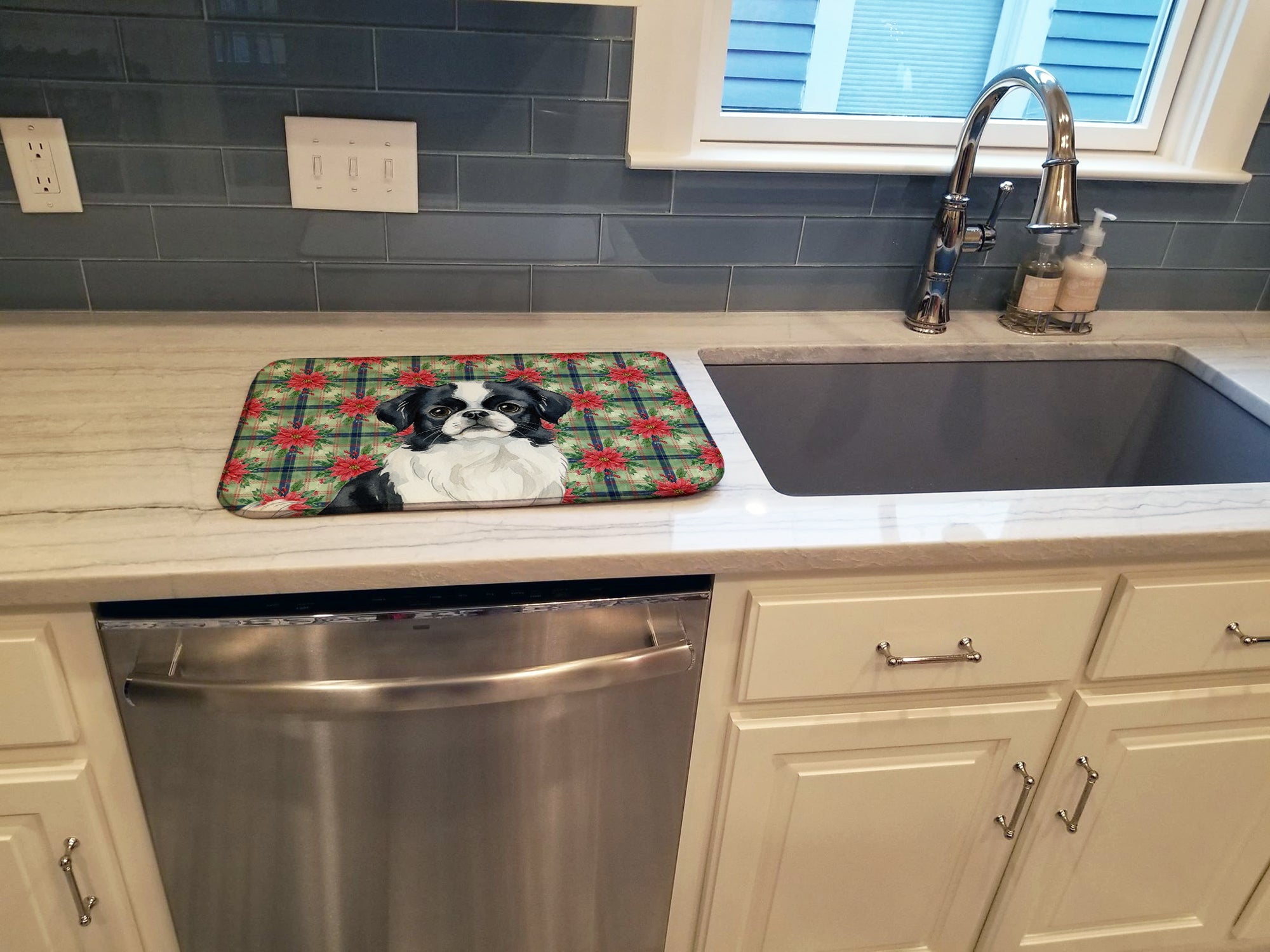 Black and White Japanese Chin Christmas PoinsettIas Dish Drying Mat Absorbent Dish Drying Mat Pad for Kitchen Counter Dish Drainer Mat for Countertop, 14 x 21", Multicolor