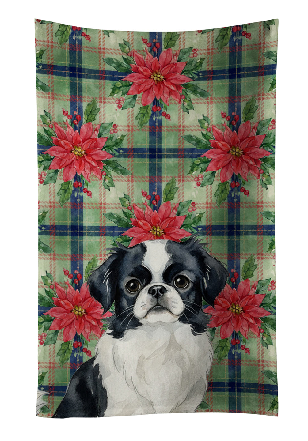 Black and White Japanese Chin Christmas PoinsettIas Kitchen Towel Velour Plush Front and Cotton Loop Back Machine Washable
