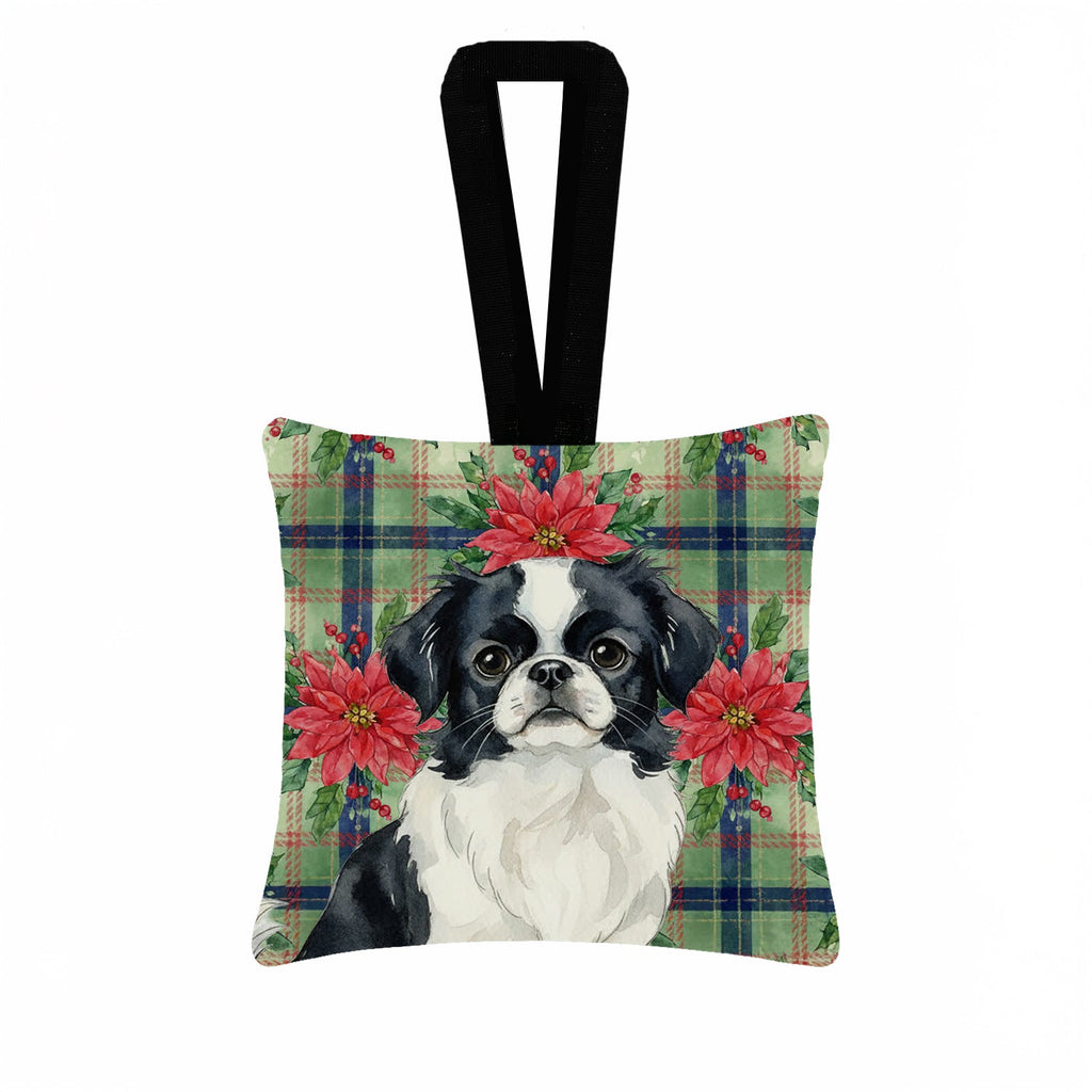 Black and White Japanese Chin Christmas PoinsettIas Hanging Square Fabric Ornament 3.5 � 3.5 Decorative Door-Knob & Tree Hanger, Soft Fabric