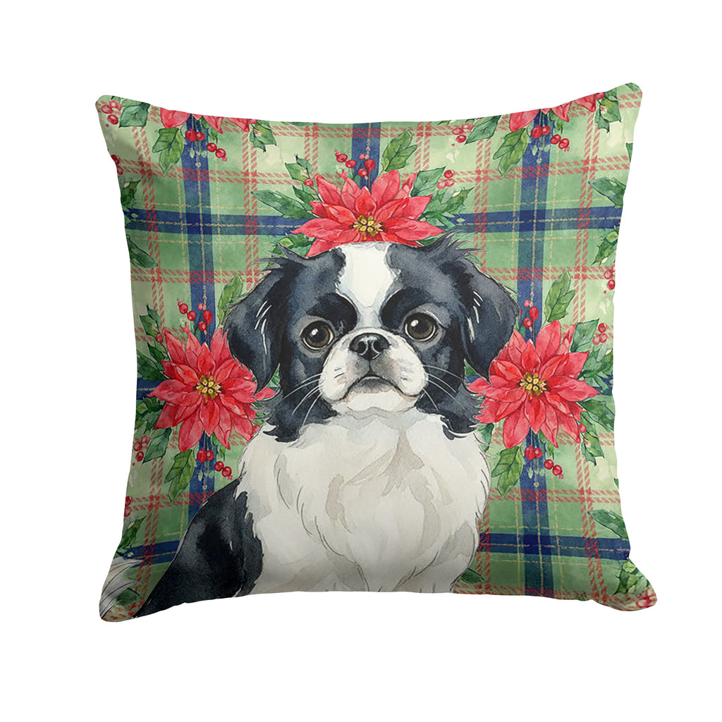 Black and White Japanese Chin Christmas PoinsettIas Decorative Throw Pillow 18x18 Indoor Outdoor Accent Cushion, Fabric Cover with Insert for Sofa, Bed, Porch & Living Room