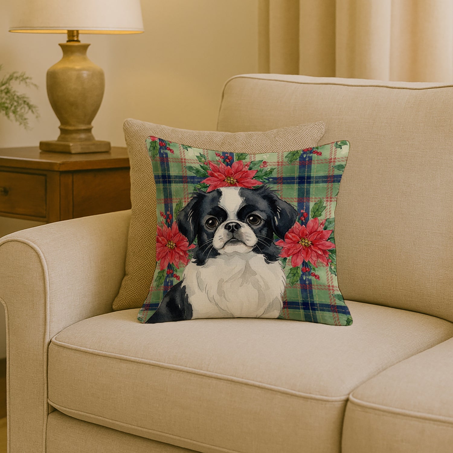 Black and White Japanese Chin Christmas PoinsettIas Decorative Throw Pillow 18x18 Indoor Outdoor Accent Cushion, Fabric Cover with Insert for Sofa, Bed, Porch & Living Room