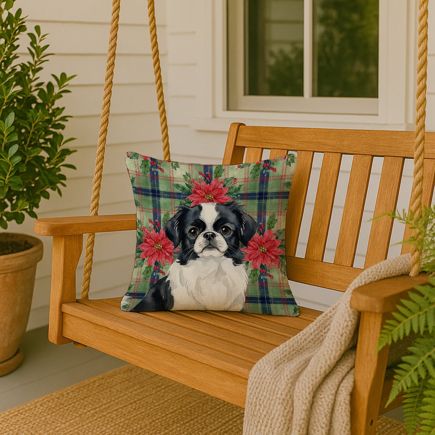 Black and White Japanese Chin Christmas PoinsettIas Decorative Throw Pillow 18x18 Indoor Outdoor Accent Cushion, Fabric Cover with Insert for Sofa, Bed, Porch & Living Room