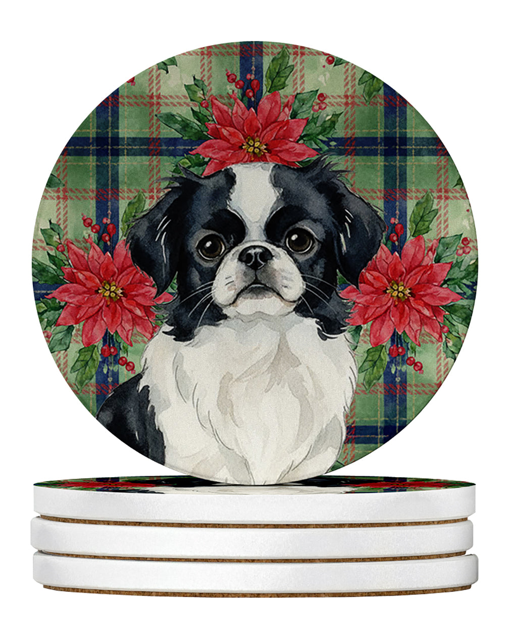 Black and White Japanese Chin Christmas PoinsettIas Large Sandstone Coasters Pack of 4 Absorbent Round Coasters Decor Gifts for Men or Women, 4 in, Multicolor