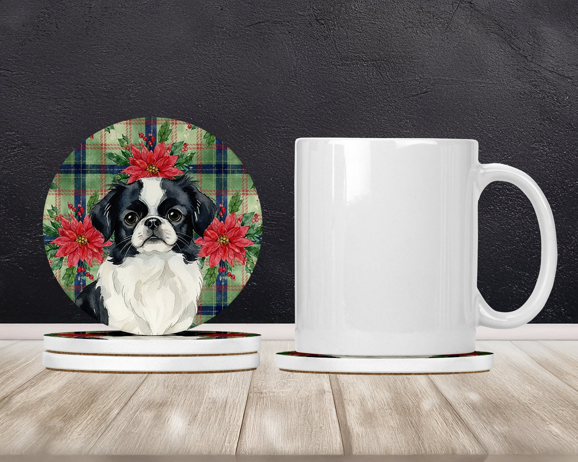 Black and White Japanese Chin Christmas PoinsettIas Large Sandstone Coasters Pack of 4 Absorbent Round Coasters Decor Gifts for Men or Women, 4 in, Multicolor