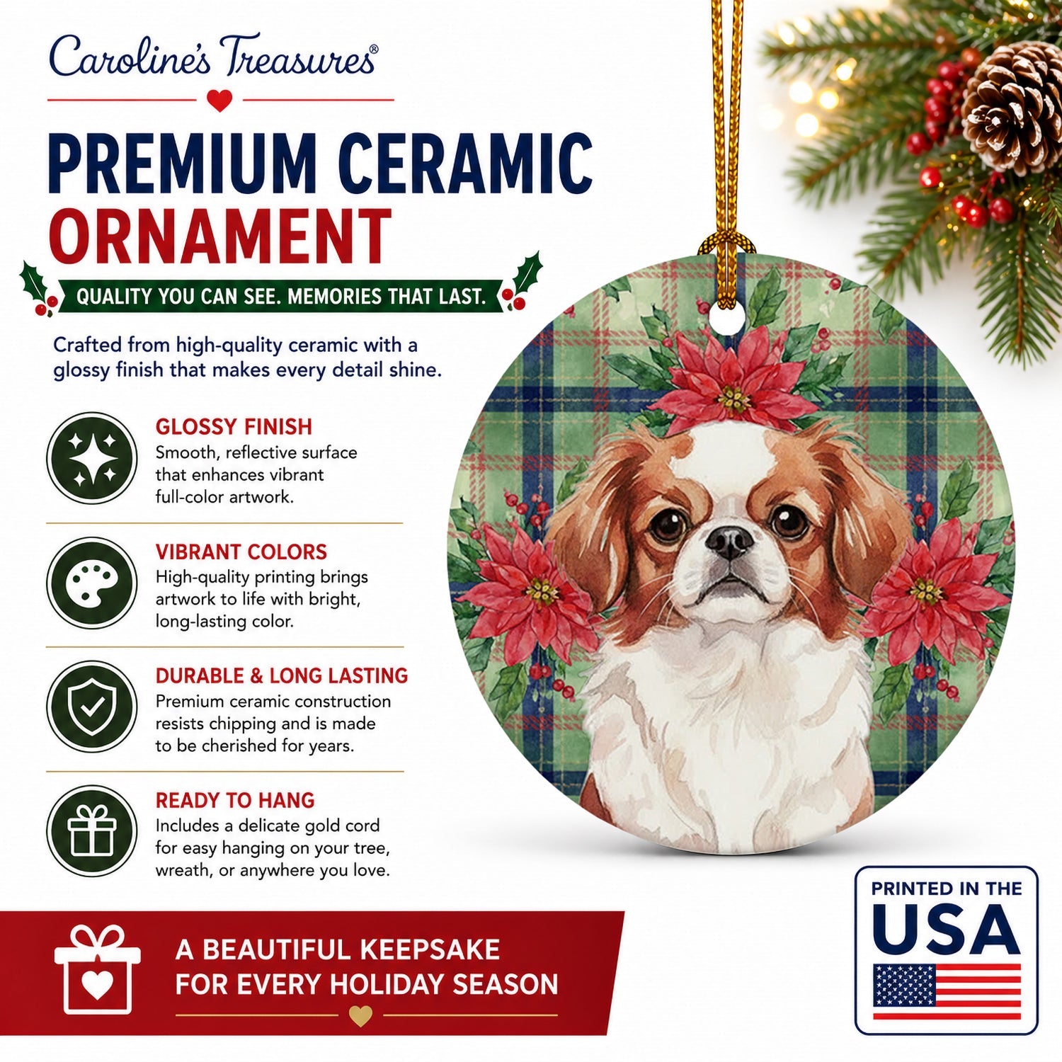 Red and White Japanese Chin Christmas PoinsettIas Ceramic Ornament Christmas Tree Hanging Decorations for Home Christmas Holiday, Party, Gift, 3 in, Multicolor