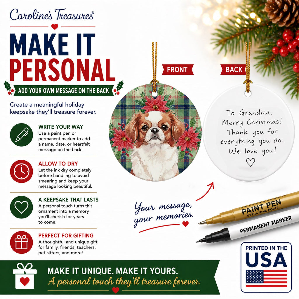 Red and White Japanese Chin Christmas PoinsettIas Ceramic Ornament Christmas Tree Hanging Decorations for Home Christmas Holiday, Party, Gift, 3 in, Multicolor