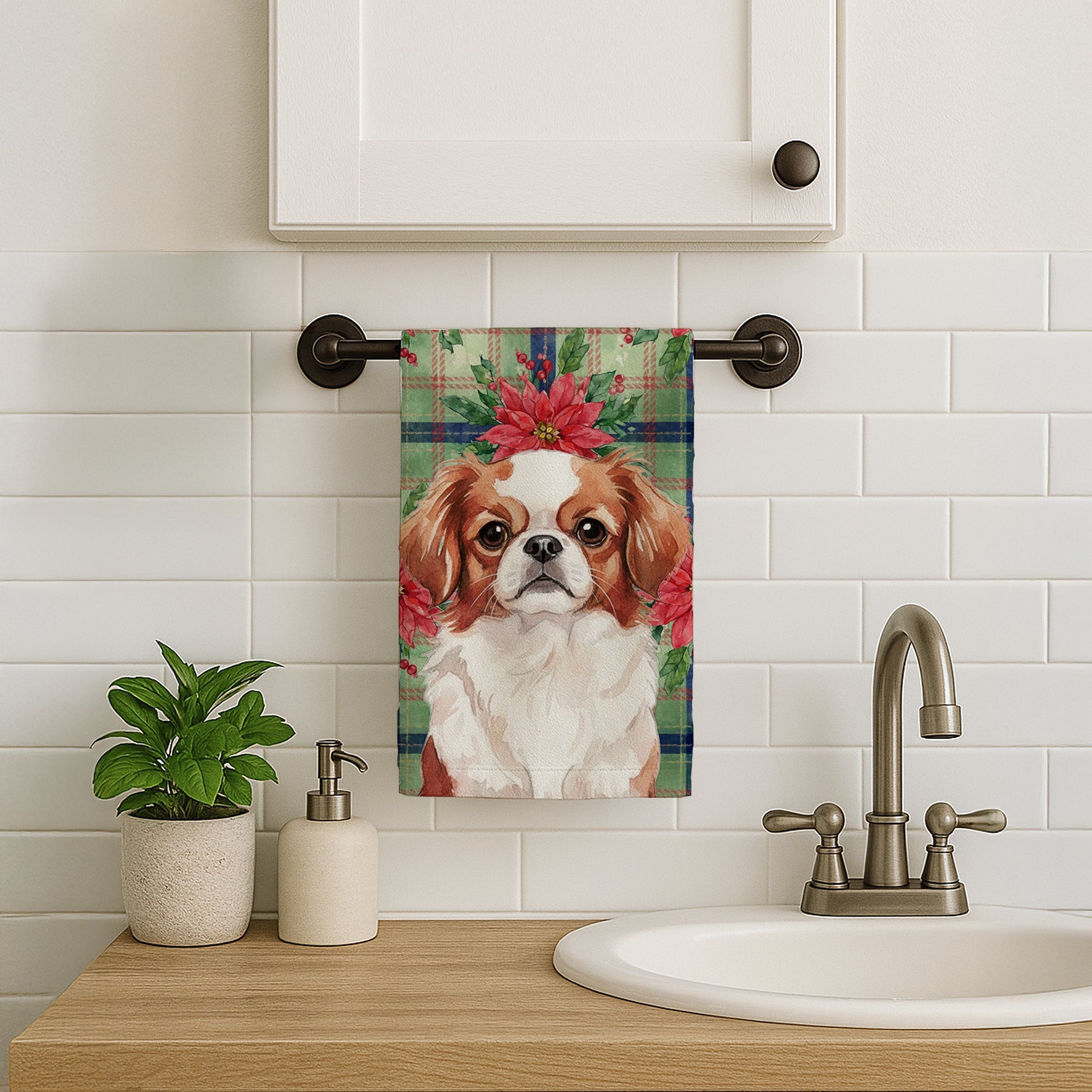 Red and White Japanese Chin Christmas PoinsettIas Kitchen Towel Velour Plush Front and Cotton Loop Back Machine Washable