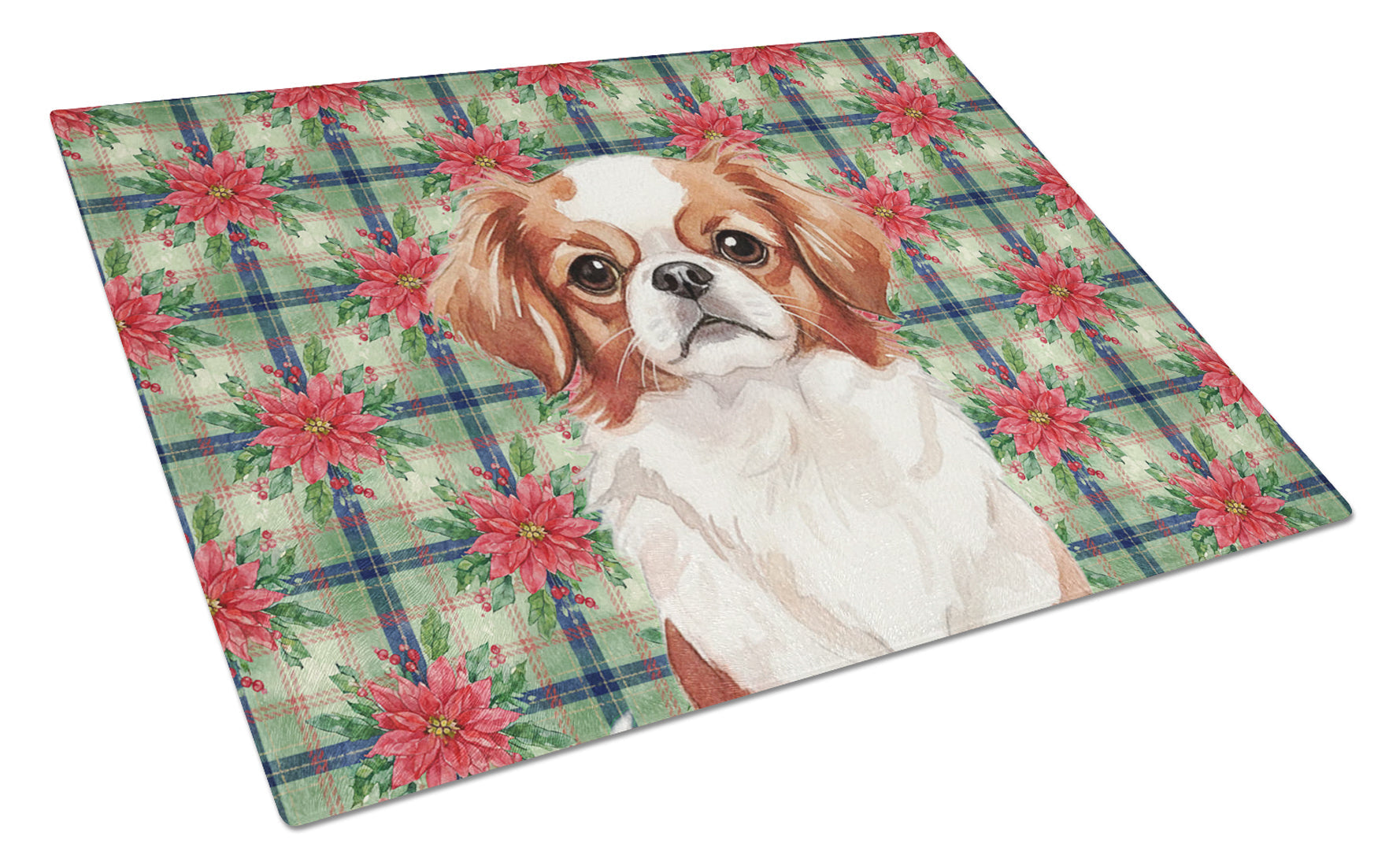 Red and White Japanese Chin Christmas PoinsettIas Cutting Board Tempered Glass Kitchen Cutting Surface, Heat Resistant Chopping, Non-Slip Feet, Food Prep & Serving