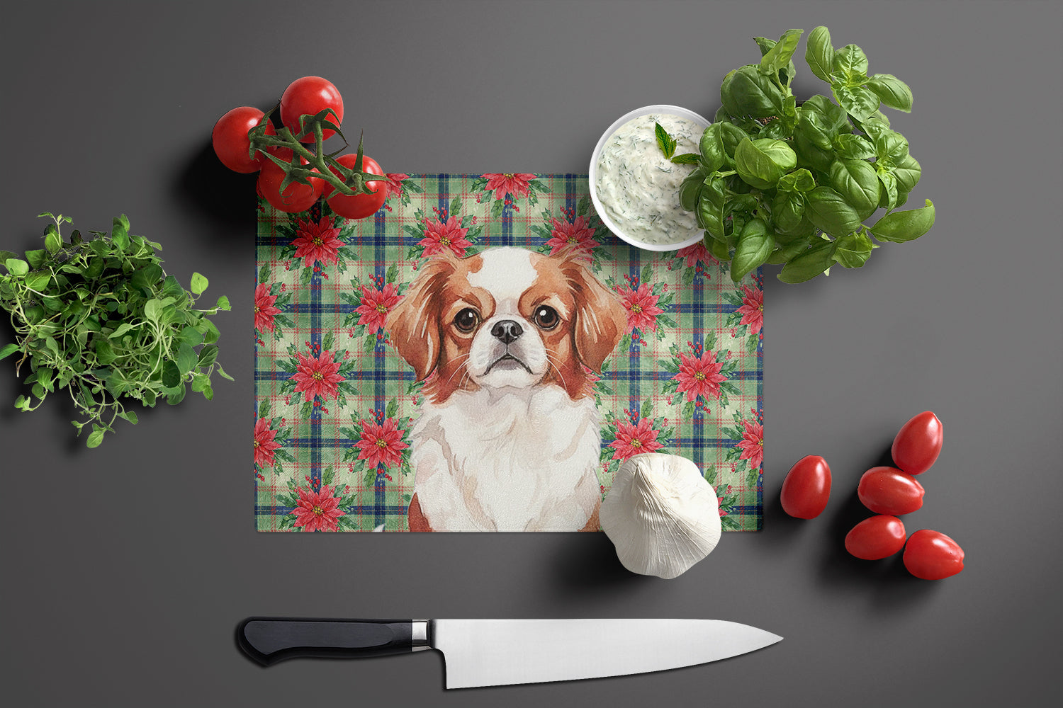 Red and White Japanese Chin Christmas PoinsettIas Cutting Board Tempered Glass Kitchen Cutting Surface, Heat Resistant Chopping, Non-Slip Feet, Food Prep & Serving