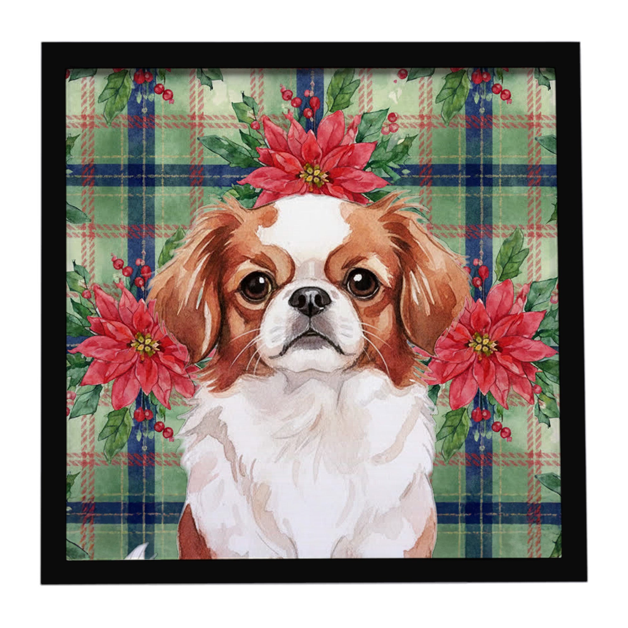 Red and White Japanese Chin Christmas PoinsettIas Framed Metal Print Bathroom, Kitchen, Office, Home Decor Wall Art Ready to Hang, Square, 8X8