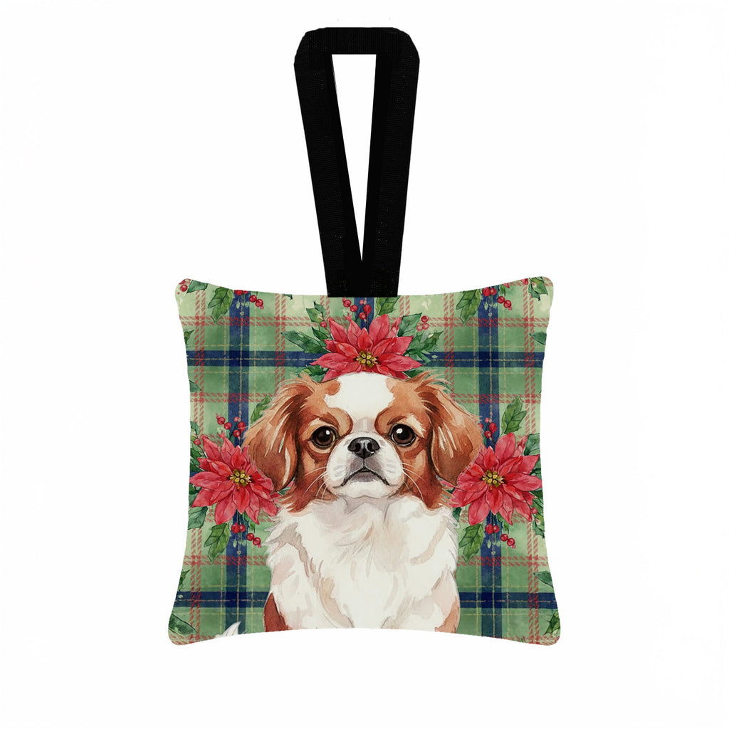 Red and White Japanese Chin Christmas PoinsettIas Hanging Square Fabric Ornament 3.5 � 3.5 Decorative Door-Knob & Tree Hanger, Soft Fabric