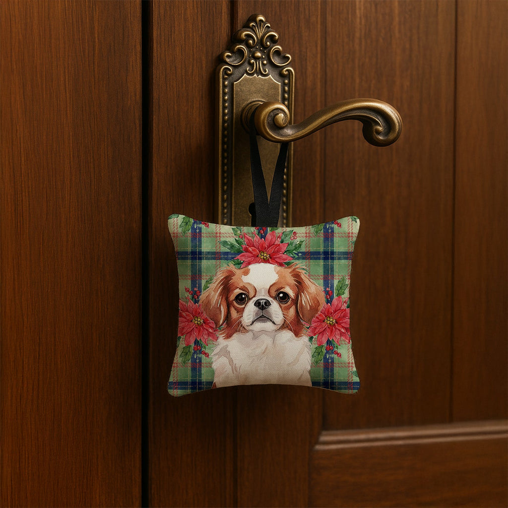 Red and White Japanese Chin Christmas PoinsettIas Hanging Square Fabric Ornament 3.5 � 3.5 Decorative Door-Knob & Tree Hanger, Soft Fabric
